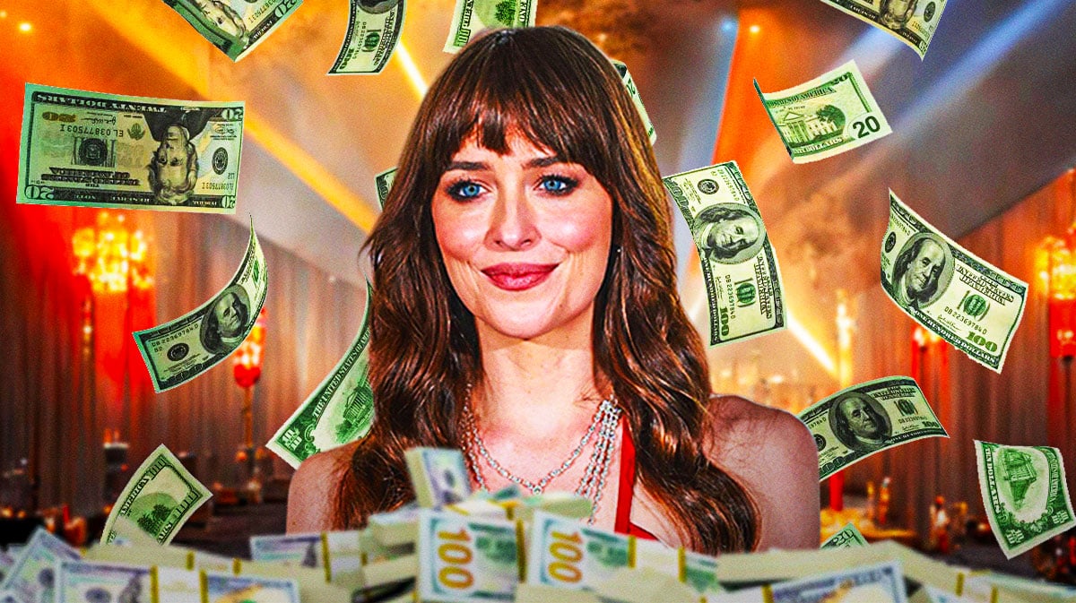 Dakota Johnson surrounded by piles of cash.