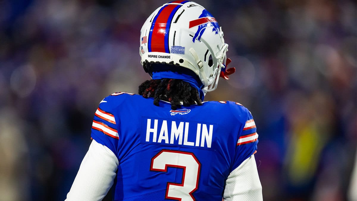 Detailed view of the jersey of Buffalo Bills safety Damar Hamlin (3) during the 2024 AFC divisional round game against the Kansas City Chiefs at Highmark Stadium.