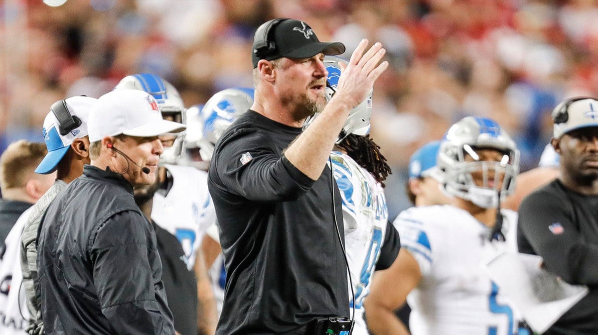 Detroit Lions coach Dan Campbell reacts to a play against the San Francisco 49ers during the second half of the Lions' 34-31 loss in the NFC championship game in Santa Clara, California, on Sunday, Jan. 28, 2024