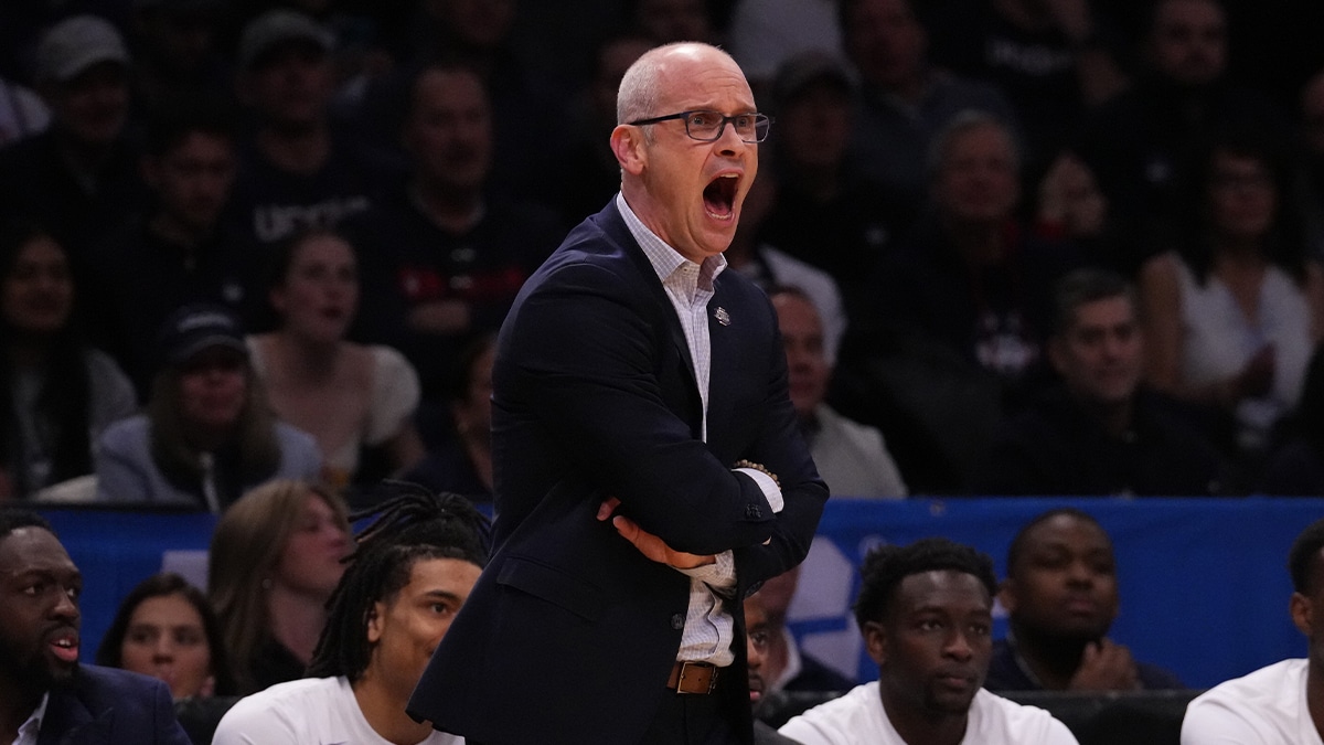 Connecticut Huskies head coach Dan Hurley reacts against the Northwestern Wildcats in the second round of the 2024 NCAA Tournament at the Barclays Center.