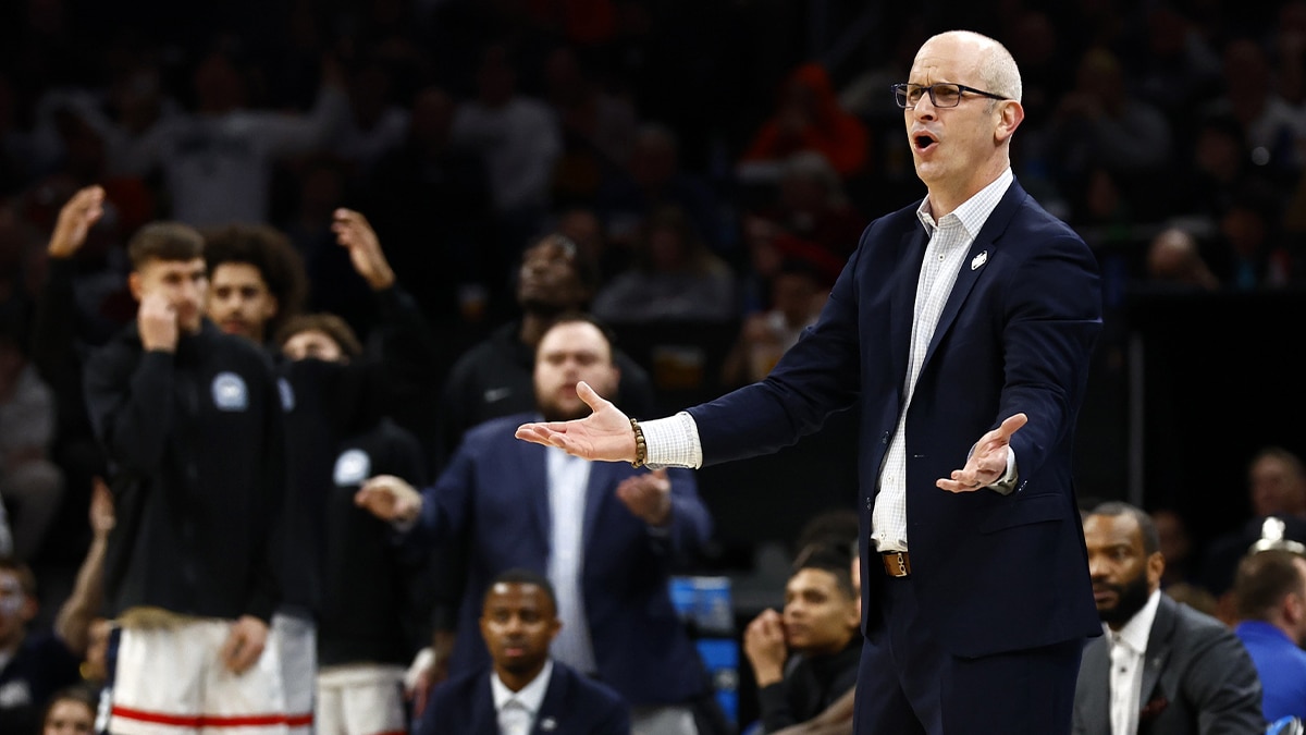Connecticut Huskies head coach Dan Hurley reacts against the San Diego State Aztecs in the semifinals of the East Regional of the 2024 NCAA Tournament at TD Garden.
