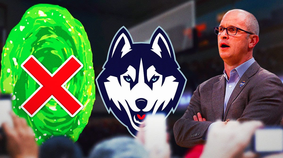 Uconn basketball coach Dan Hurley next to a crossed out Rick and Morty portal