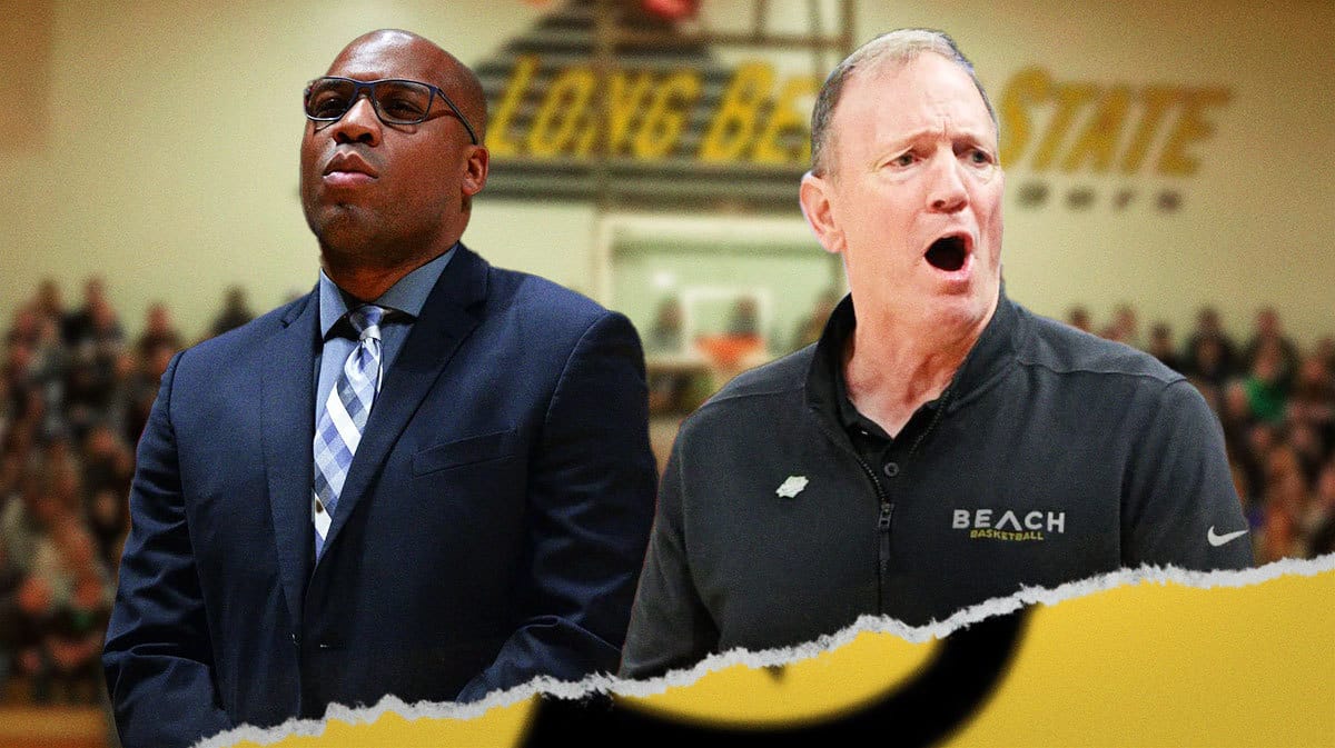 Long Beach State basketball coach Dan Monson and Chris Acker next to him.