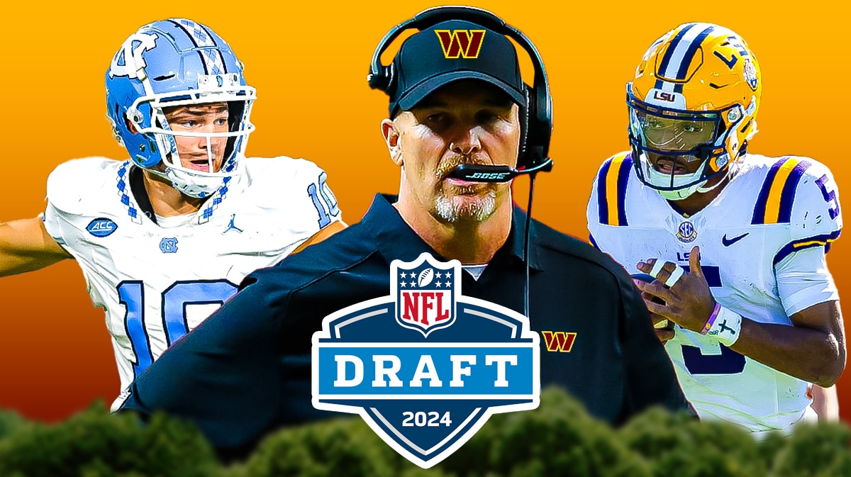 Commanders' Dan Quinn with Drake Maye and Jayden Daniels