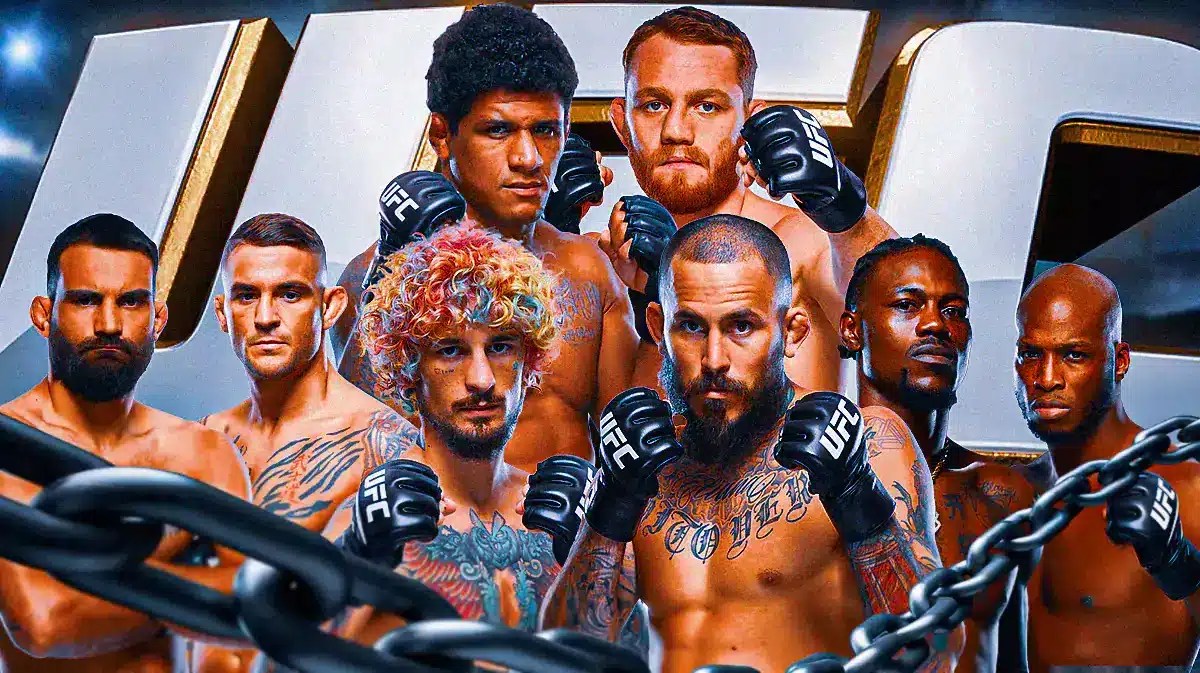 Sean O’Malley and Marlon Vera in the middle on opposite sides of each other. One over from them on opposite sides of each other is Benoit Saint Denis and Dustin Porier. One over from them and on opposite sides of each other is Kevin Holland and Michael Venom Page. One over from them and on opposite sides of each other is Gilbert Burns and Jack Della Maddalena. In front of the graphic is “UFC 299”