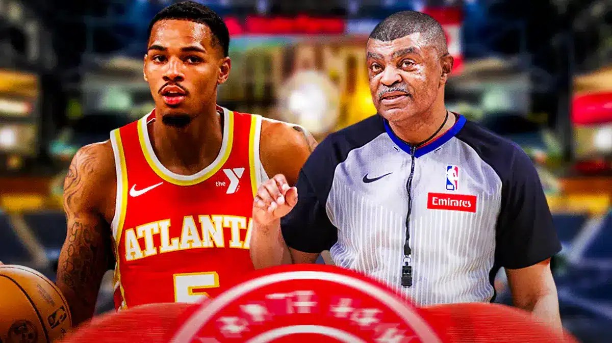Dejounte Murray of the Atlanta Hawks and NBA referee Tony Brothers