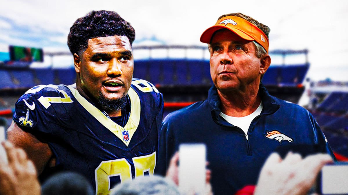 Former Saints DT Malcolm Roach looking at Broncos HC Sean Payton.
