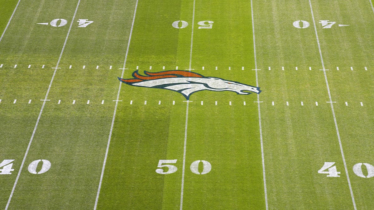 Denver, CO, USA; General view of Denver Broncos logo at midfield at Broncos Stadium at Mile High. 