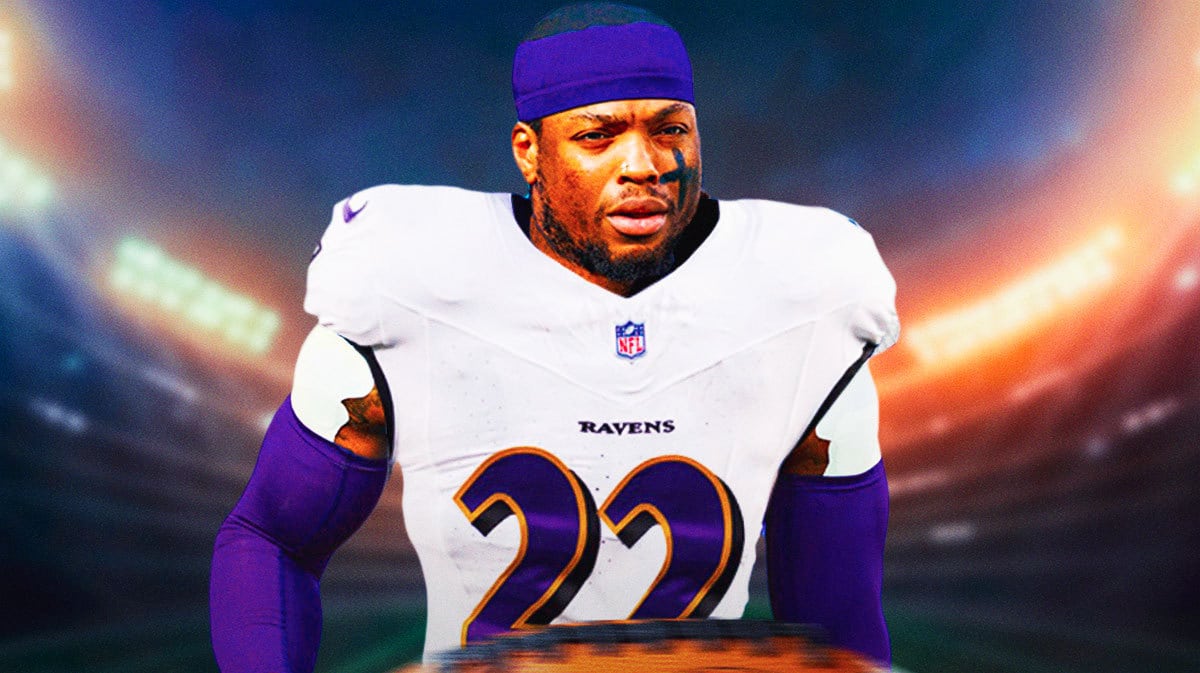 New Baltimore Ravens star Derrick Henry in front of MT&T Bank Stadium.