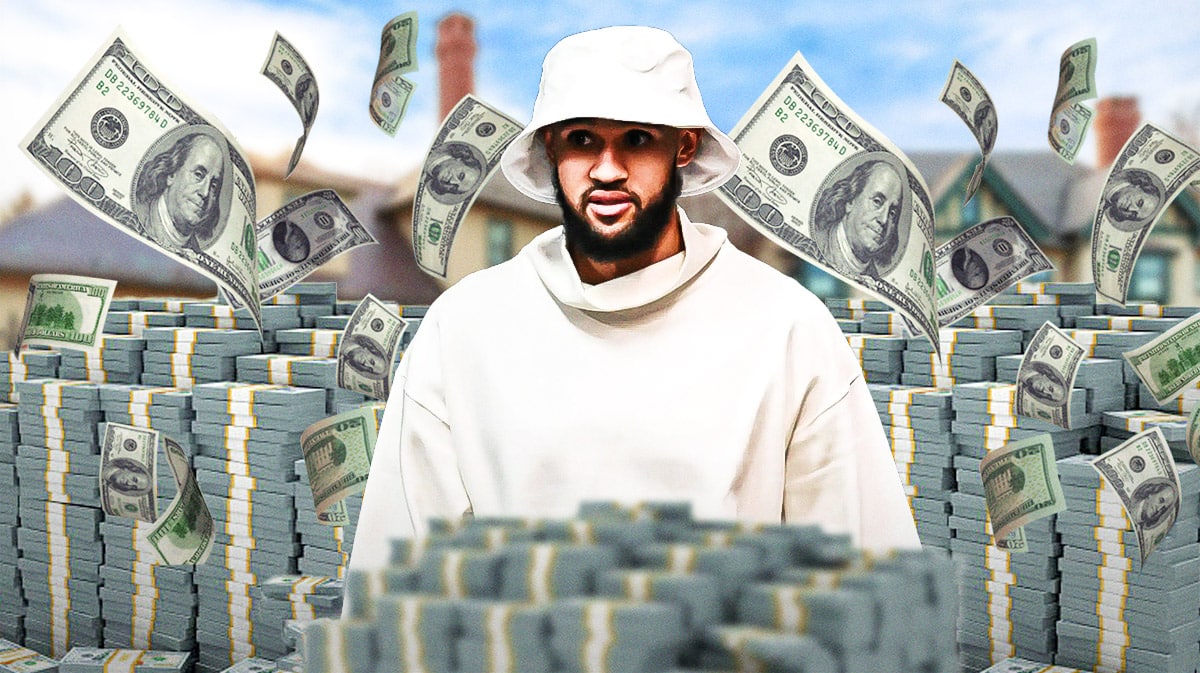 Derrick White surrounded by piles of cash.