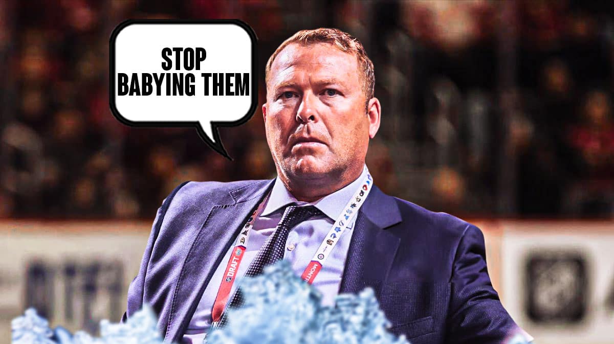 Martin Brodeur in middle looking stern with speech bubble: “Stop babying them” New Jersey Devils
