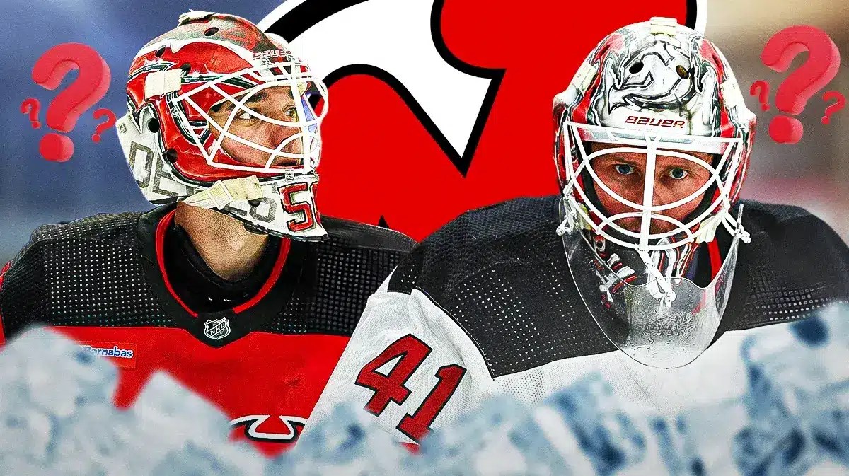 Nico Daws and Vitek Vanecek in image looking stern, 3-5 question marks, NJD logo in image, hockey rink in background