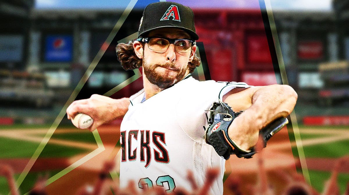 Zac Gallen throwing a pitch in front of a Diamondbacks logo at Chase Field