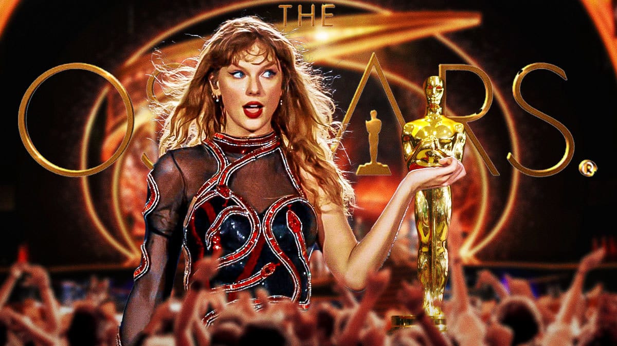 Taylor Swift with Oscars logo and trophy.