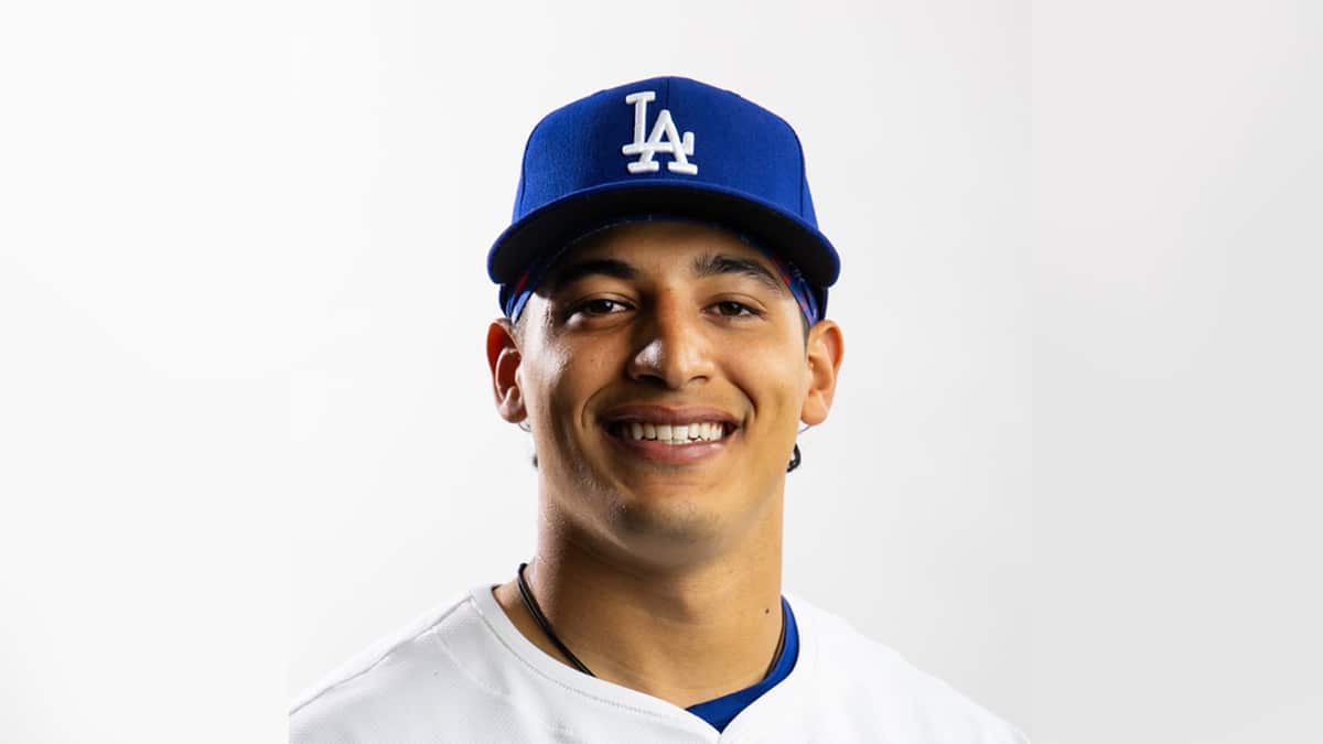 Los Angeles Dodgers catcher Diego Cartaya poses for a portrait during media day at Camelback Ranch.