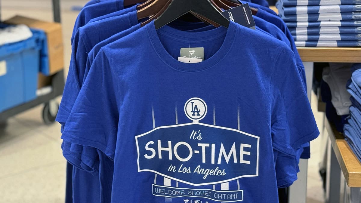 Los Angeles Dodgers Sho-Time shirts of designated hitter Shohei Ohtani at the Los Angeles International Airport