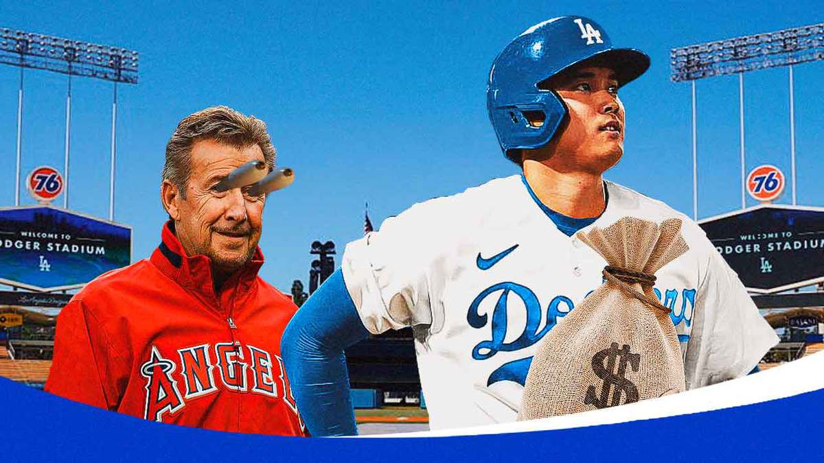 Angels' Arte Moreno with eyes popping out on left. On right, need Dodgers' Shohei Ohtani holding a huge bag of money.
