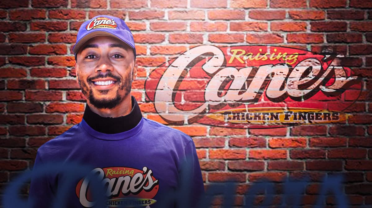 Dodgers' Mookie Betts on left smiling. Need the Raising Cane’s logo on right.