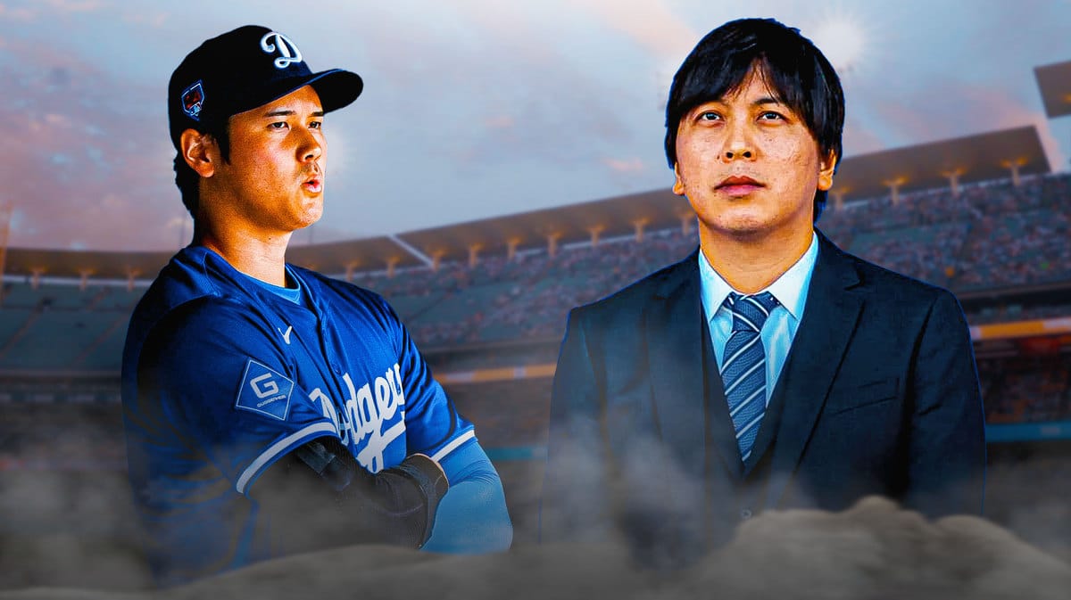 Dodgers' Shohei Ohtani looking seriously at Ippei Mizuhara, Dodgers logo beside Mizuhara