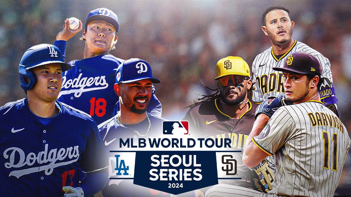 Shohei Ohtani, Mookie Betts, Yoshinobu Yamamoto on one side with Dodgers logo behind them vs. Yu Darvish, Manny Machado, Fernando Tatis with Padres logo behind them. Seoul Series 2024 logo in front.