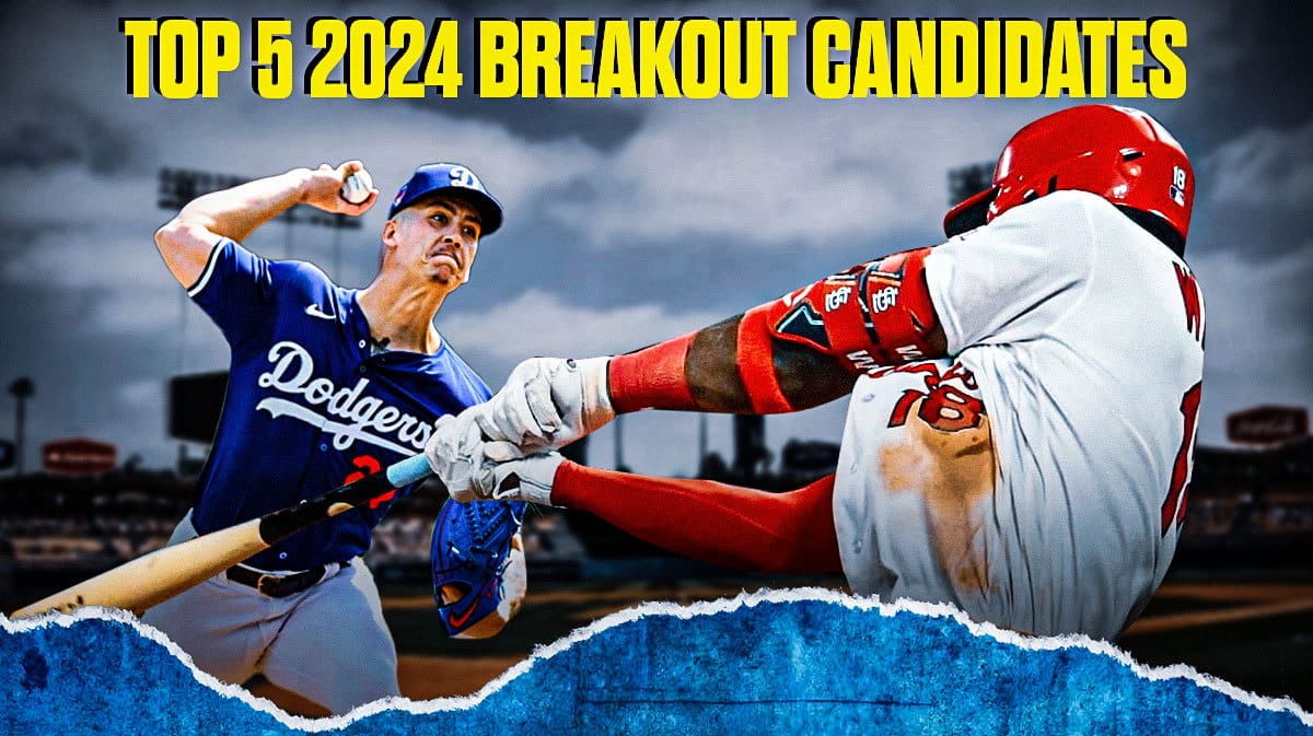At top of image, write the following: TOP 5 2024 BREAKOUT CANDIDATES Place Dodgers' Bobby Miller pitching a baseball, Cardinals' Jordan Walker hitting a baseball in image.