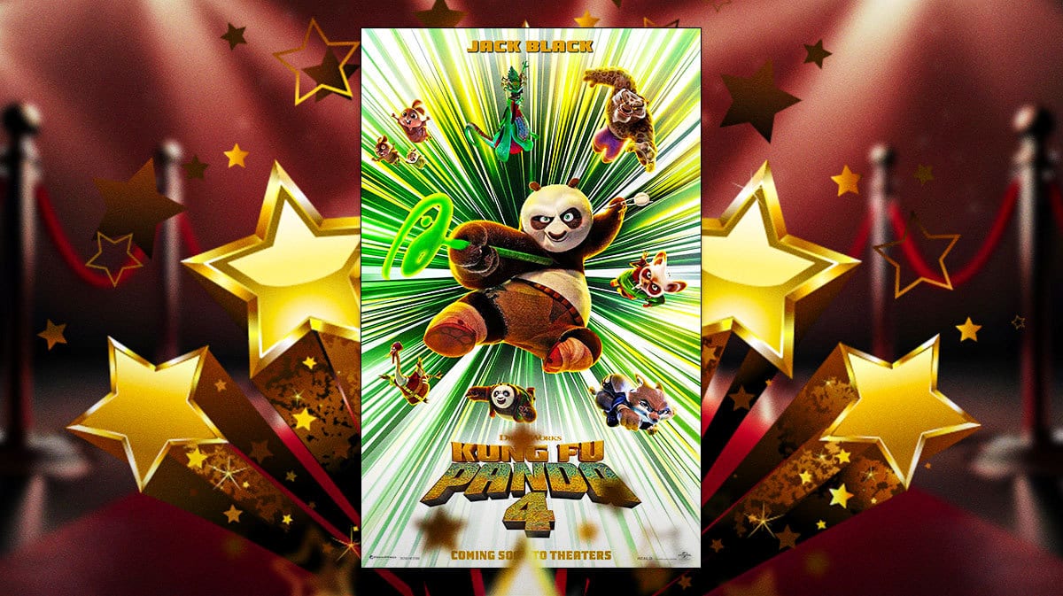 Kung Fu Panda 4 poster on movie theater screen.