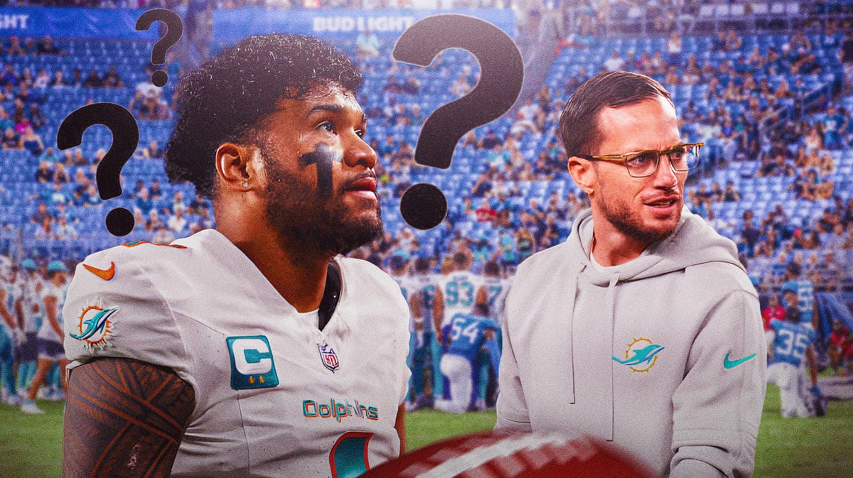 Dolphins QB Tua Tagovailoa with question mark above him, head coach Mike McDaniel
