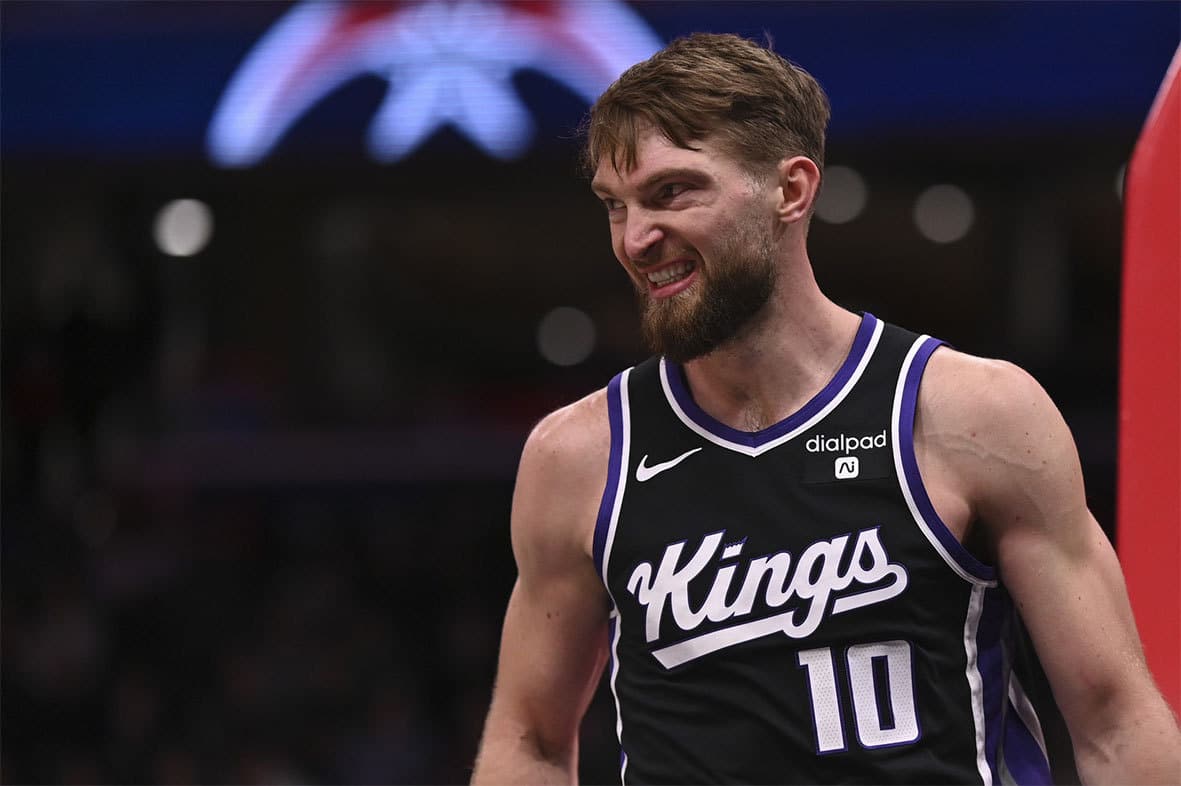 Sacramento Kings forward Domantas Sabonis (10) reacts after being fouled while shooting during the first half against the Washington Wizards at Capital One Arena.