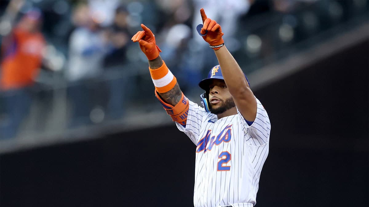 New York Mets first baseman Dominic Smith (2) reacts after hitting a two run double against the Atlanta Braves during the first inning at Citi Field.