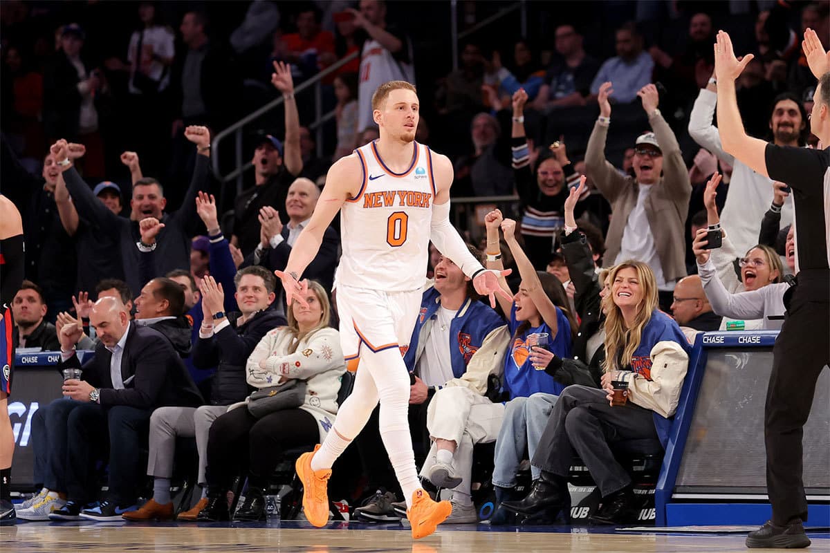 New York Knicks guard Donte DiVincenzo (0) celebrates his three point shot against the Detroit Pistons during the fourth quarter at Madison Square Garden. 