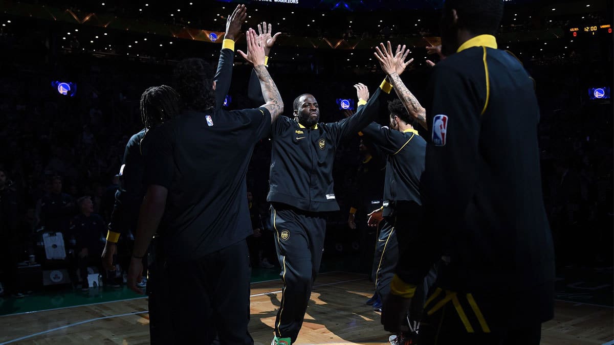 Golden State Warriors forward Draymond Green (23) is introduced prior to a game against the Boston Celtics at TD Garden.