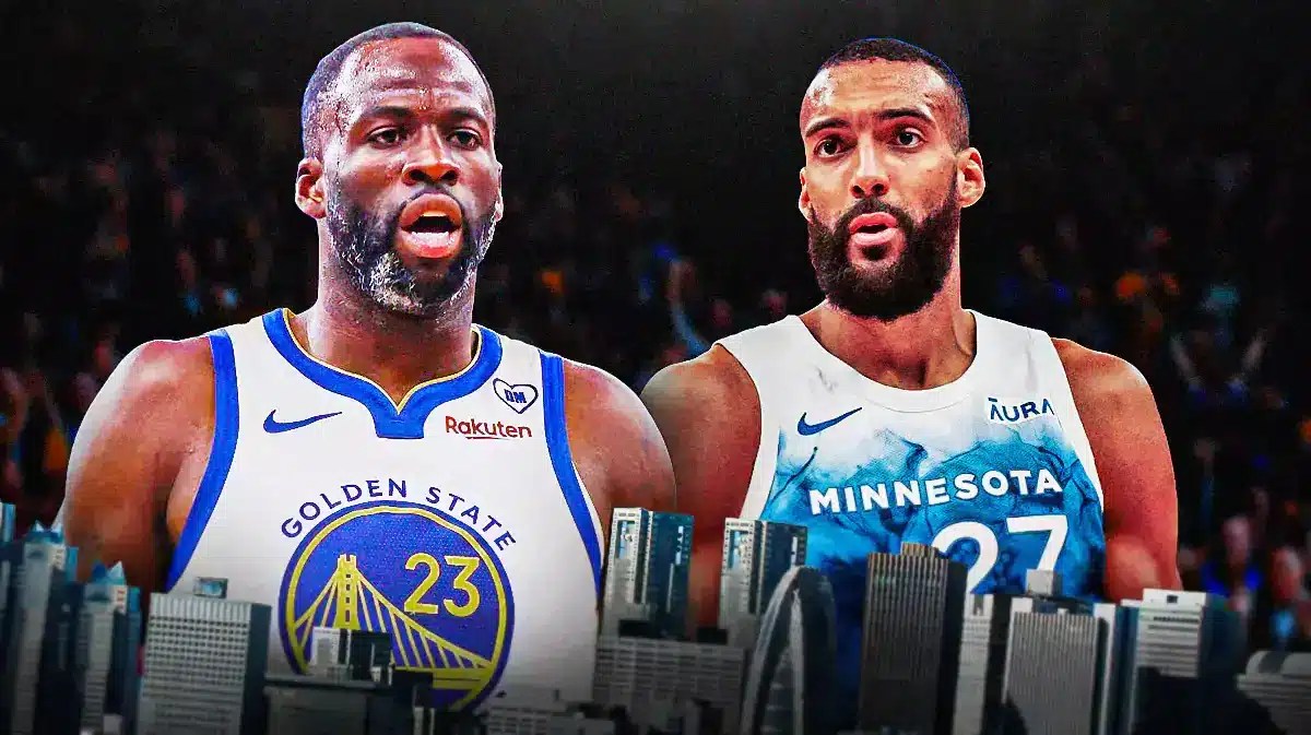 Golden State Warriors star Draymond Green and Minnesota Timberwolves star Rudy Gobert in front of the Chase Center.