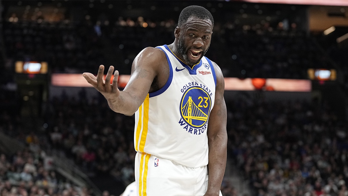 Golden State Warriors forward Draymond Green (23) reacts to a call by an official during the second half against the San Antonio Spurs at Frost Bank Center.