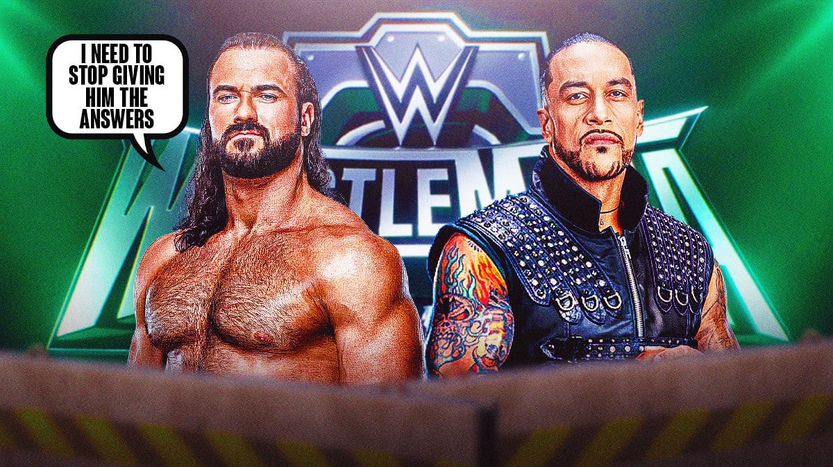 Drew McIntyre with a text bubble reading “I need to stop giving him the answers” next to Damian Priest with the WrestleMania 40 logo.