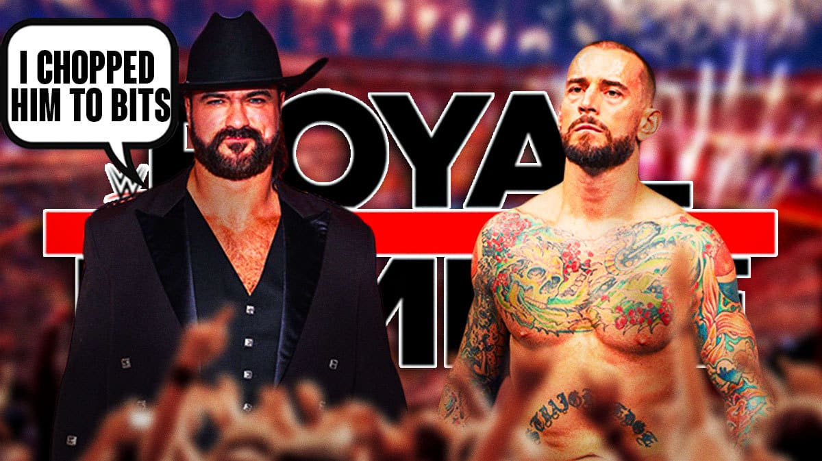 Drew McIntyre with a text bubble reading “I chopped him to bits” next to CM Punk with the 2024 Royal Rumble logo as the background.