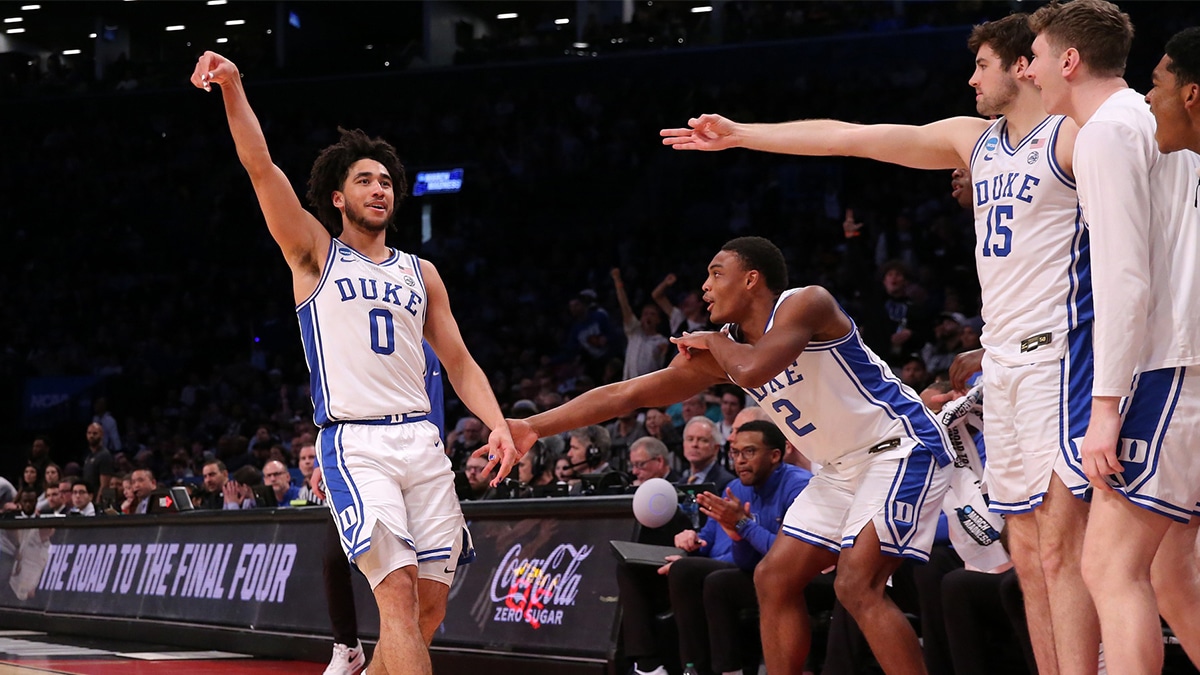 Duke Blue Devils guard Jared McCain (0) reacts against the James Madison Dukes in the second round of the 2024 NCAA Tournament