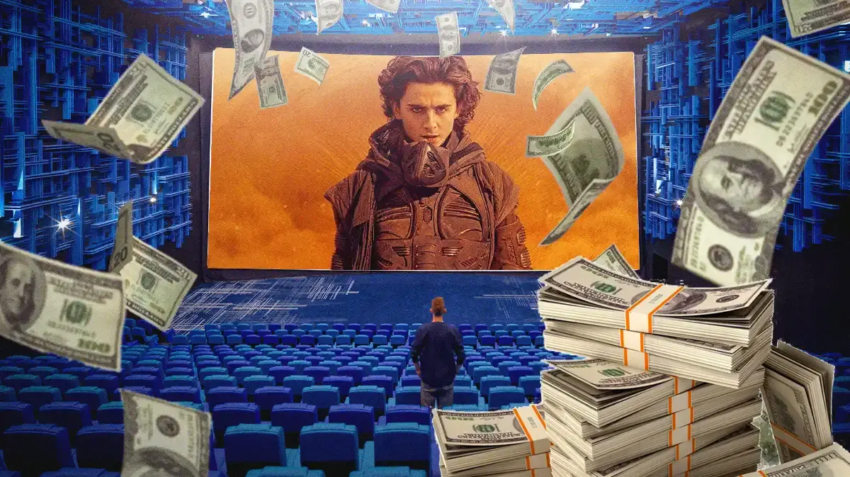 Dune Part 2 playing on a movie screen as money rains around the theater