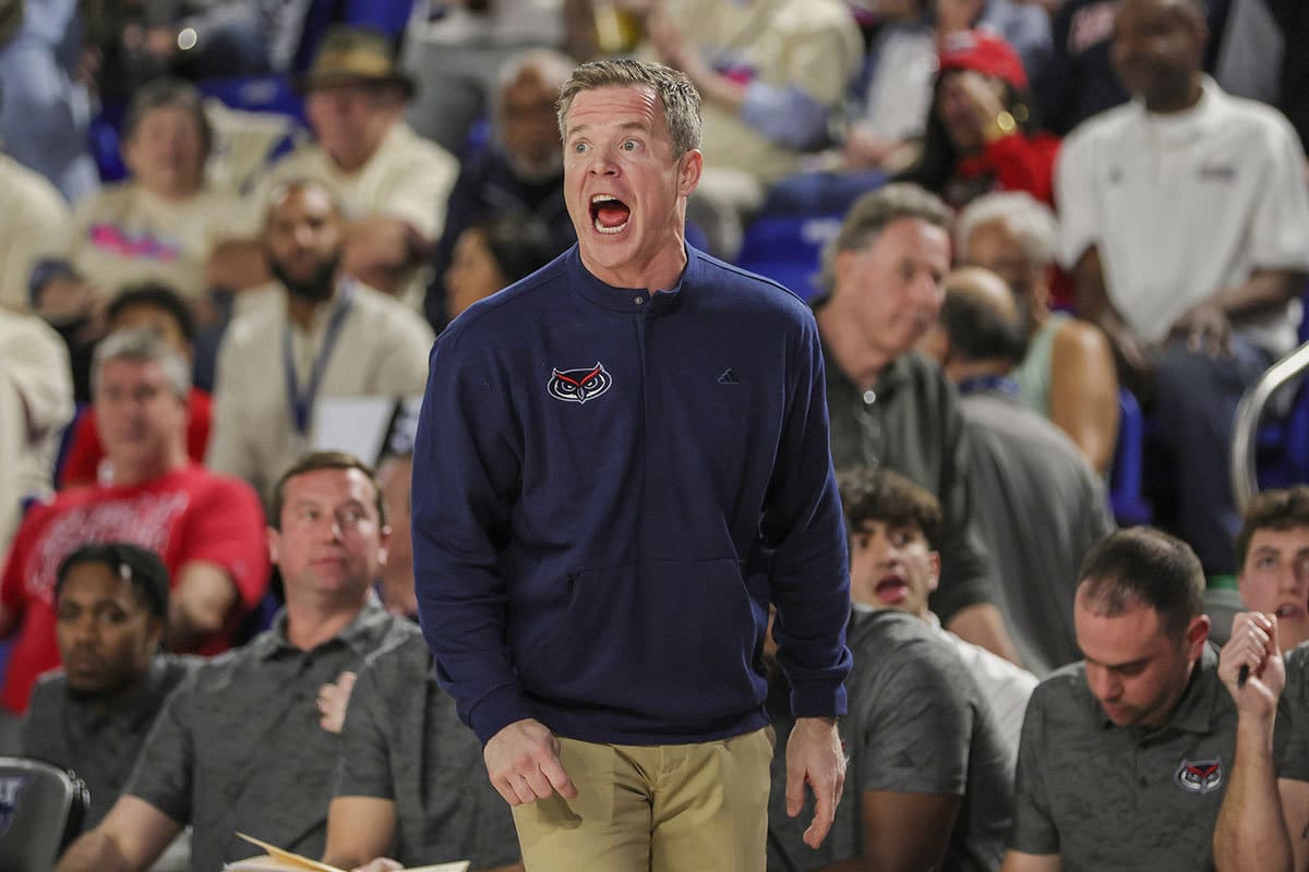 Florida Atlantic Owls head coach Dusty May reacts from the sideline against the Southern Methodist Mustangs during the second half at Eleanor R. Baldwin Arena.
