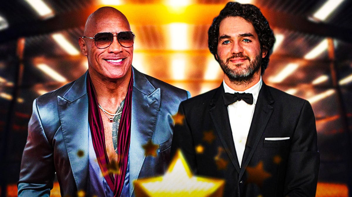 Dwayne Johnson next to The Smashing Machine director Benny Safdie with UFC octagon in backgrond. u