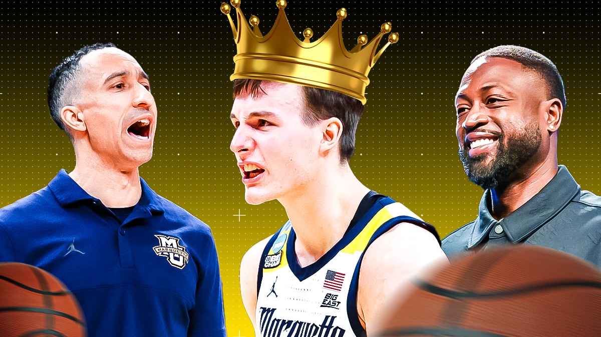 Marquette HC Shaka Smart with Tyler Kolek and Dwyane Wade after March Madness win over Colorado