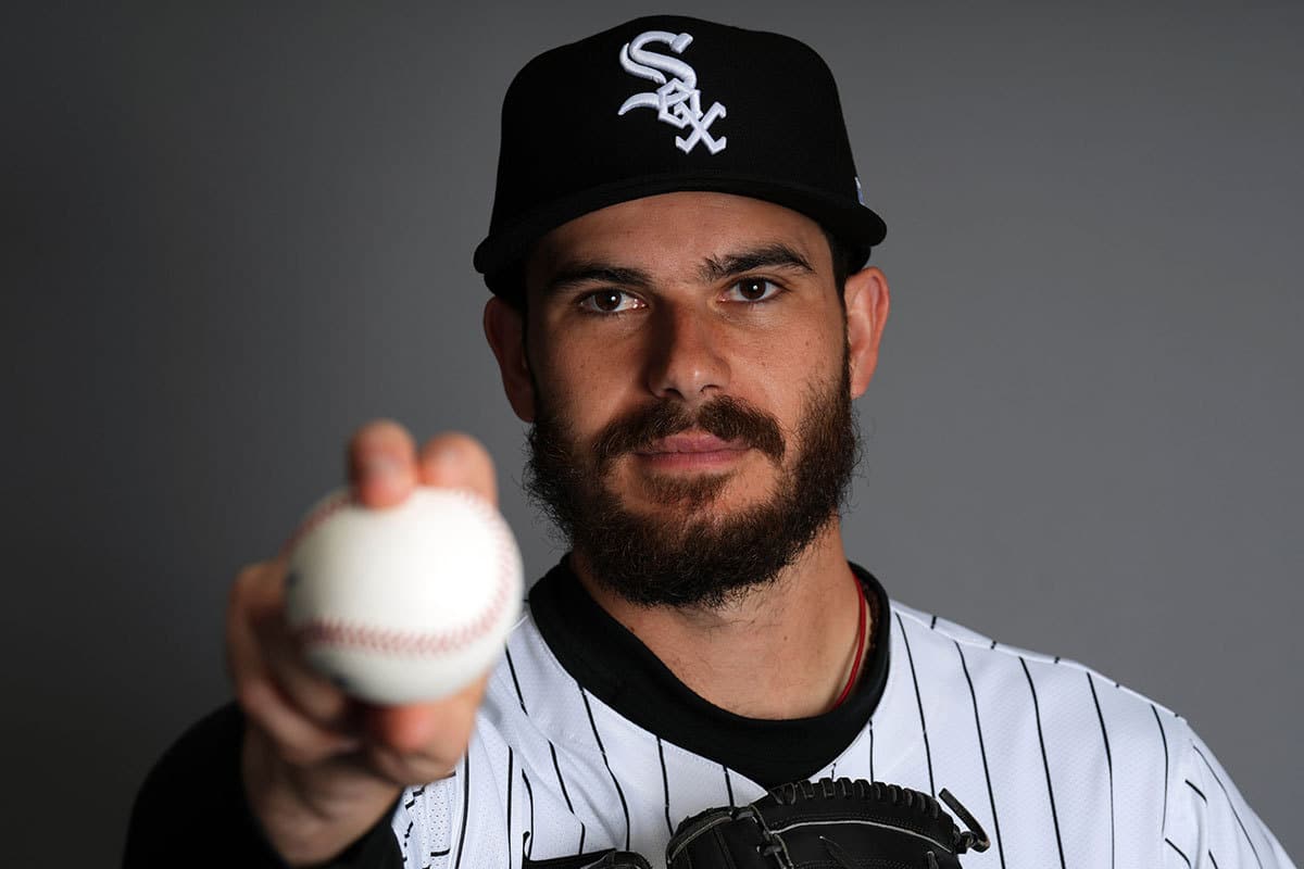 Chicago White Sox starting pitcher Dylan Cease (84) poses for a photo during Media Day at Camelback Ranch
