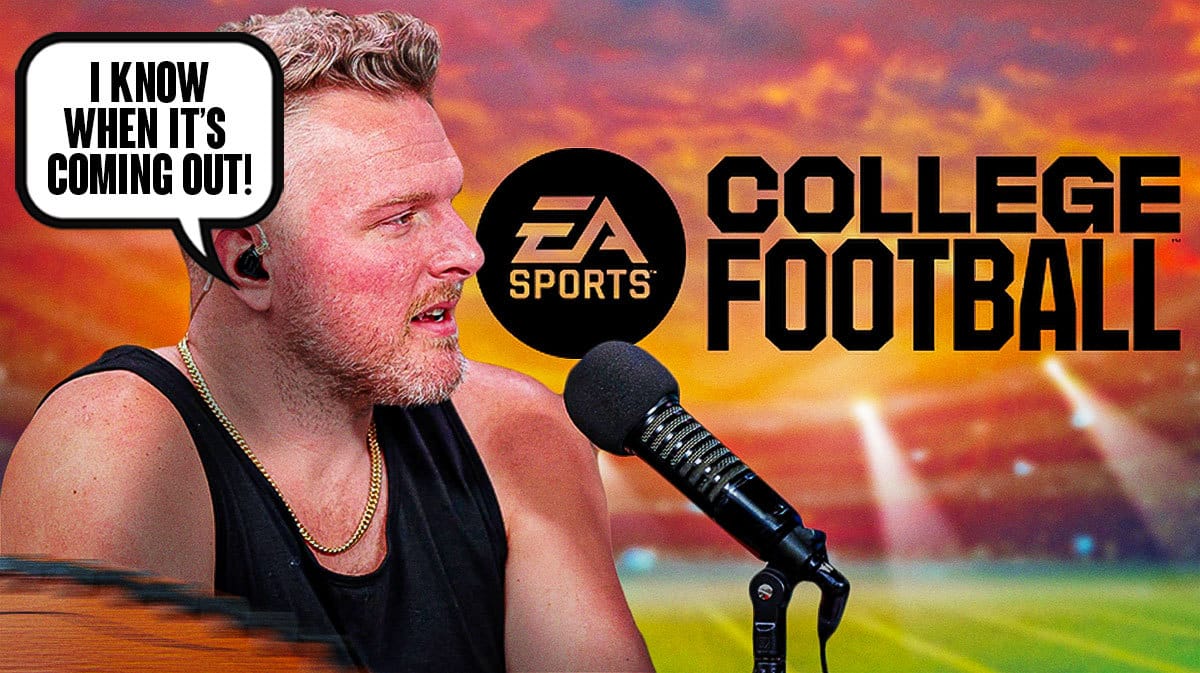A picture of Pat McAfee in his show talking on a microphone holding a mock-up game cover of EA Sports College Football, and then a speech bubble with the words I KNOW WHEN IT’S COMING OUT!