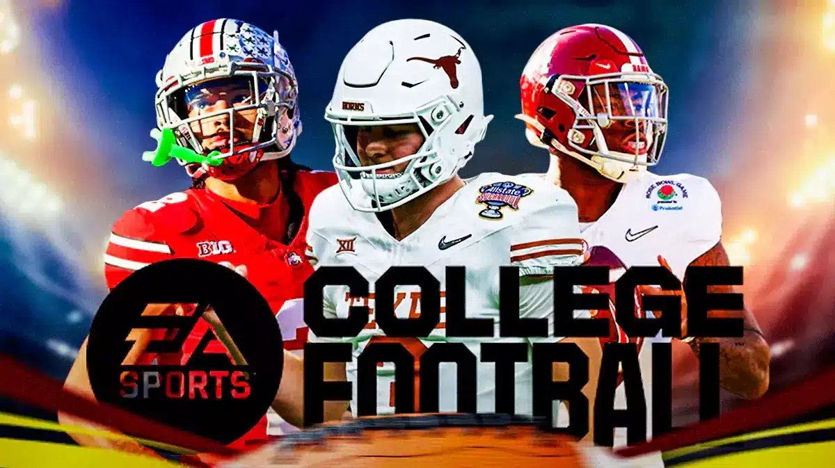 EA Sports College Football 25 logo with a bunch of college football players around/behind it