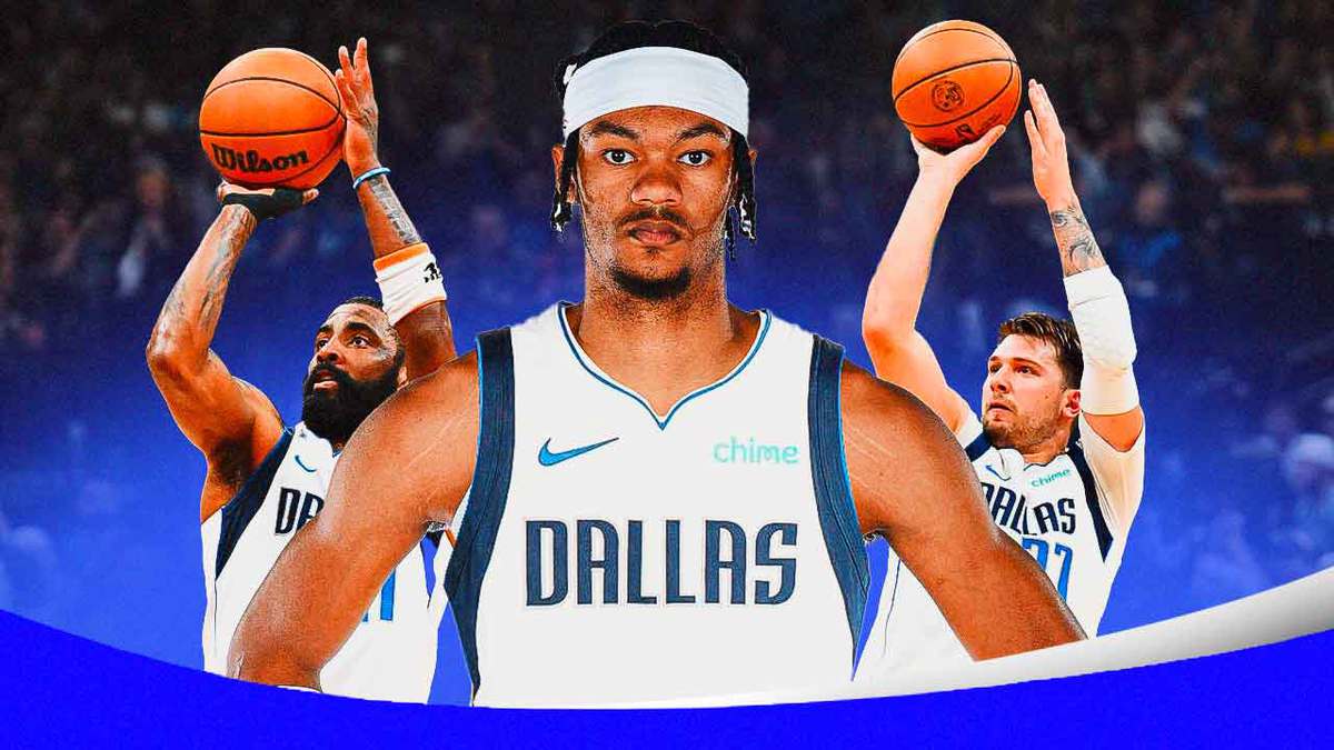 Alex Fudge in a Mavericks uniform in front. Mavericks' Luka Doncic and Mavericks' Kyrie Irving both shooting basketballs in background.