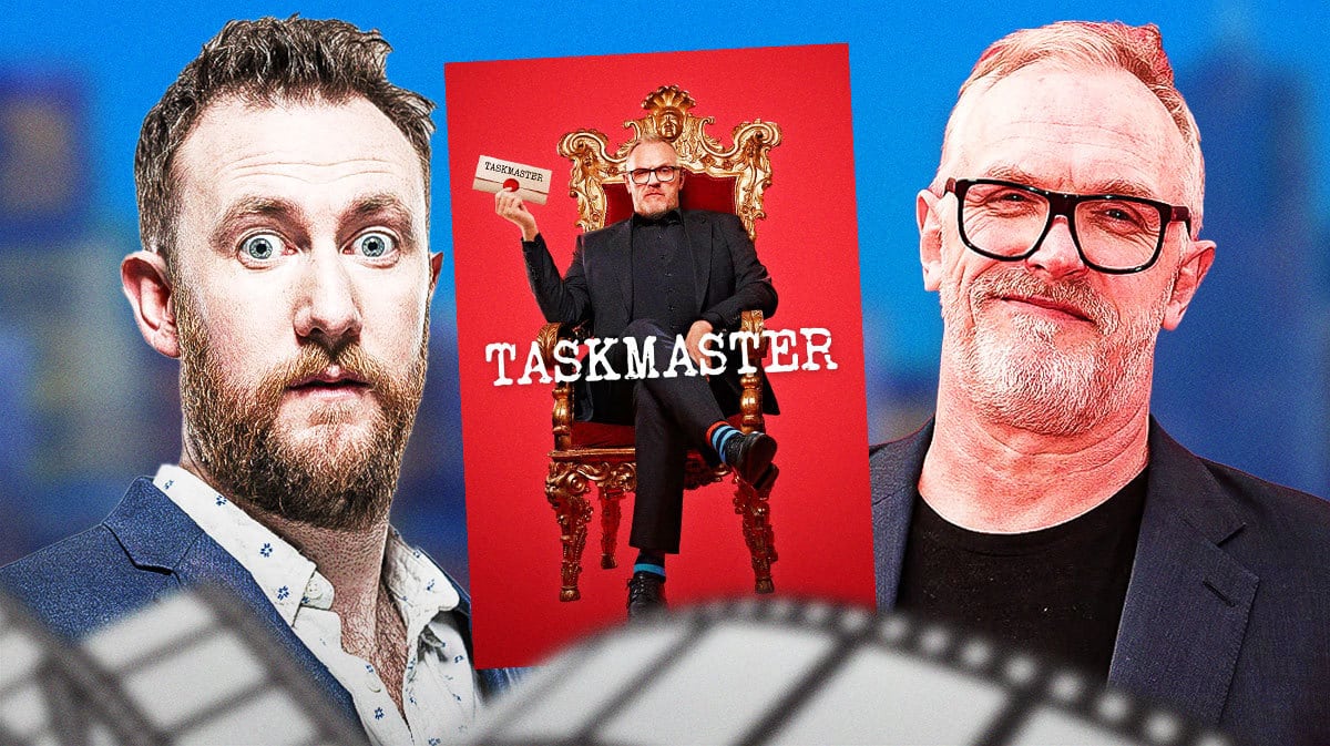 Alex Horne, Greg Davis with Taskmaster poster.