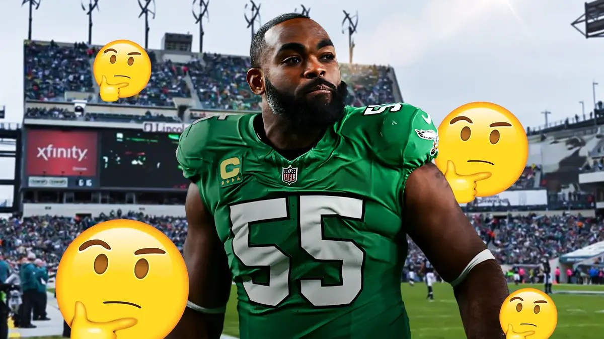 Eagles' Brandon Graham looking serious, with thinking emojis around him