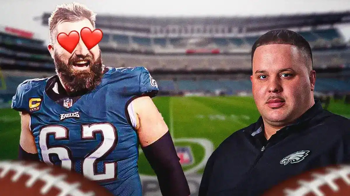 Jason Kelce with heart eyes looking at Dom DiSandro