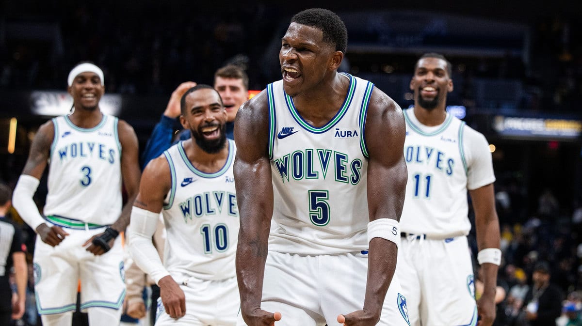 Minnesota Timberwolves guard Anthony Edwards (5) celebrates the win over Indiana Pacers