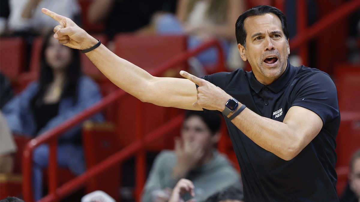 Miami Heat head coach Erik Spoelstra reacts to a call against the Washington Wizards during the second half at Kaseya Center.