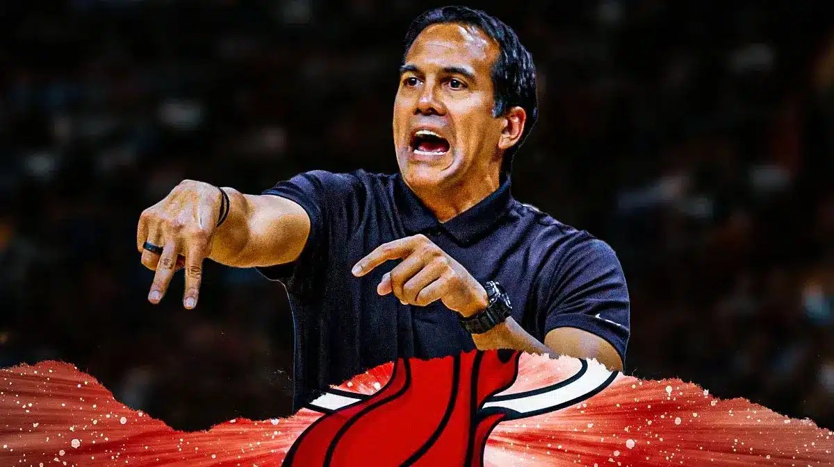 Miami Heat head coach Erik Spoelstra in front of the Kaseya Center.